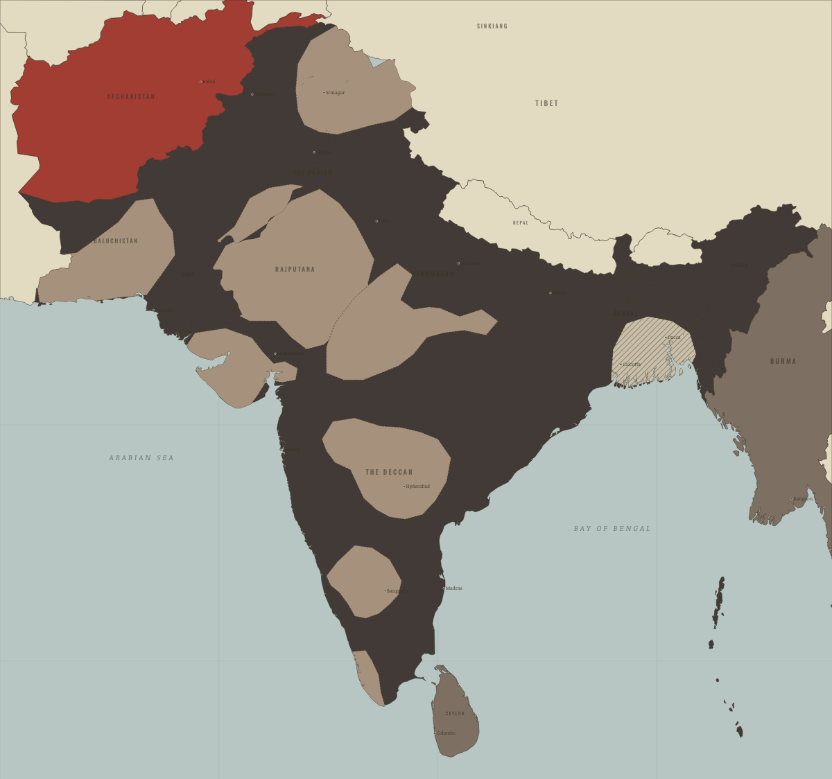 Map of the Indian subcontinent in AUG 1946: Direct Action