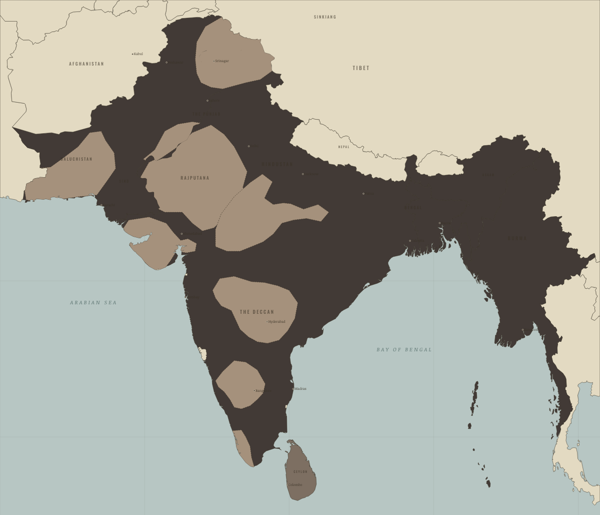 Map of India in December 1885: Congress meets; Burma falls. Colours show British India — direct rule, Crown colonies · Burma after 1937.