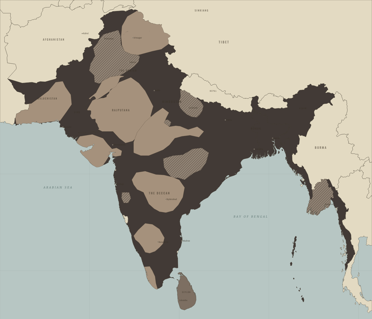 Map of India in January 1857: The Company’s India. Colours show British India — direct rule, Crown colonies · Burma after 1937.