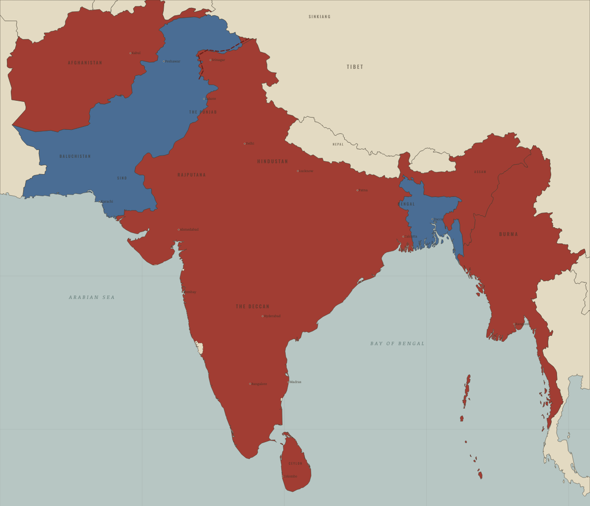 Map of India in January 1950: The Republic. Colours show Self-rule / independent, Pakistan (from Aug 1947).
