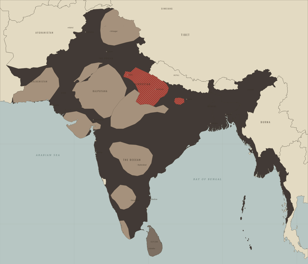 Map of India in July 1857: The rising at its height. Colours show British India — direct rule, Crown colonies · Burma after 1937.