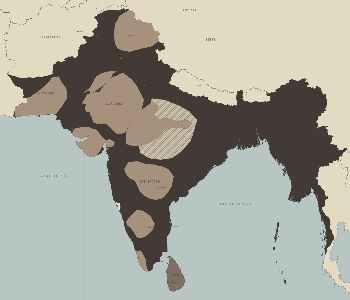 Map of India in March 1897: Famine and plague. Colours show British India — direct rule, Crown colonies · Burma after 1937.