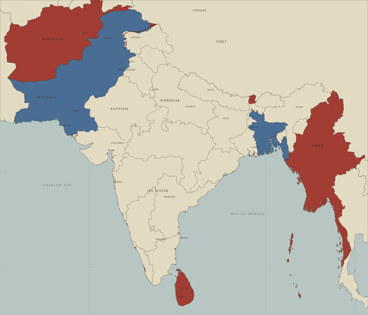 Map of India in May 1960: Bombay divided. Colours show Self-rule / independent, Pakistan (from Aug 1947).