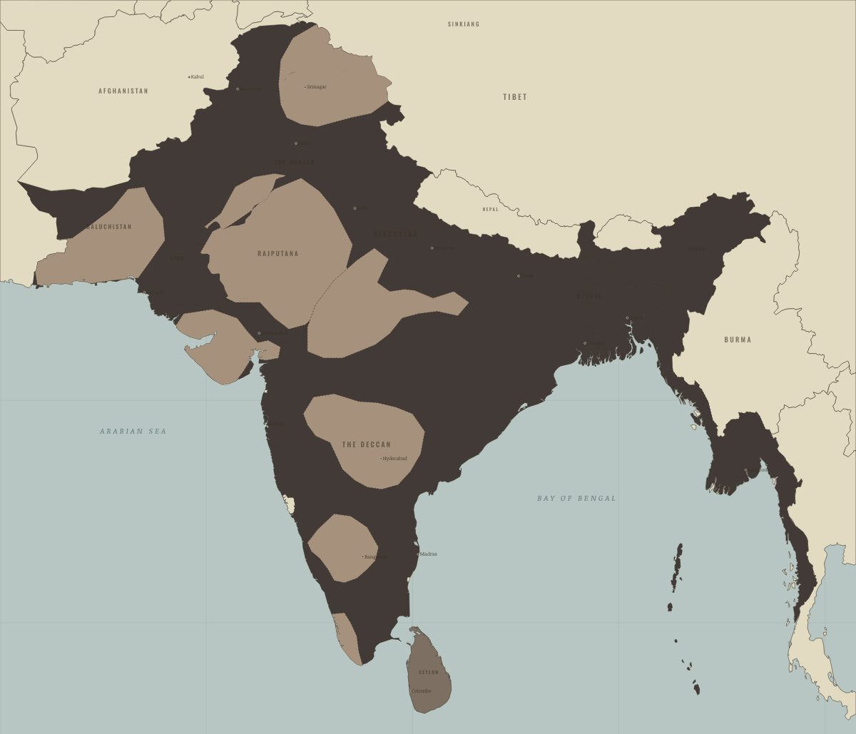 Map of India in November 1858: The Crown takes over. Colours show British India — direct rule, Crown colonies · Burma after 1937.