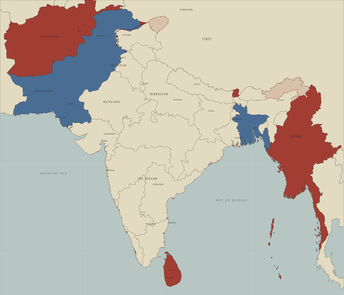 Map of India in November 1962: War with China. Colours show Self-rule / independent, Pakistan (from Aug 1947).