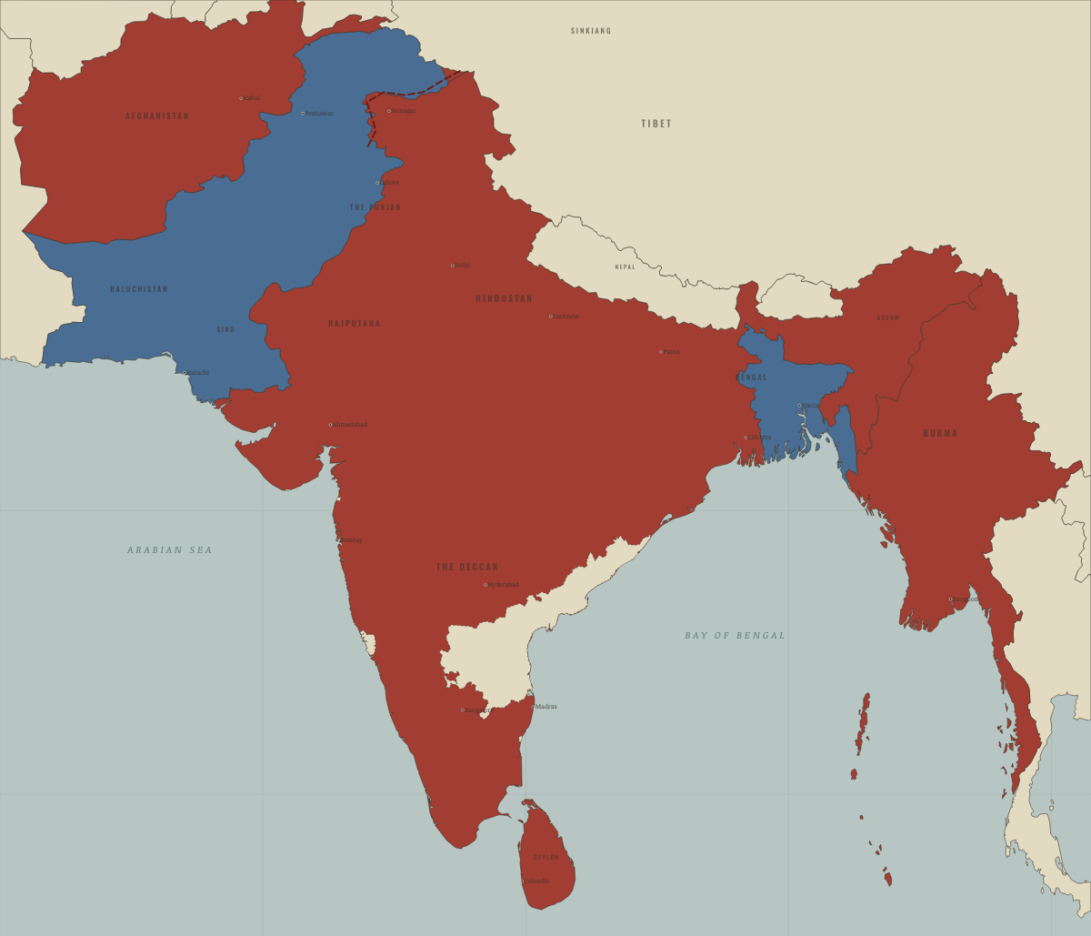 Map of India in October 1953: Andhra, the first linguistic state. Colours show Self-rule / independent, Pakistan (from Aug 1947).