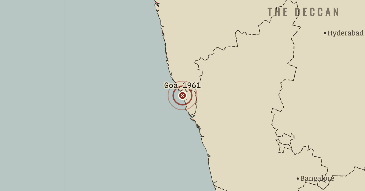 Map showing Annexation of Goa (1961), battle site in Indian Independence & Partition, 1857–1964