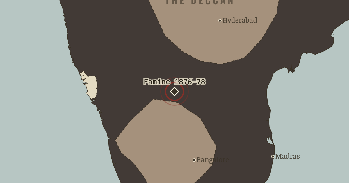 Map showing Great Famine in South India (1876–78), site of memory in Indian Independence & Partition, 1857–1964