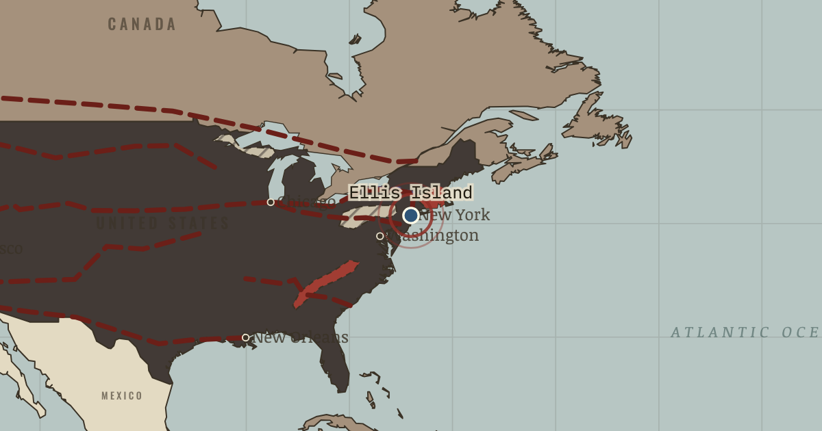 Map showing Ellis Island (1892), turning point in The Industrial Revolution, 1750–1914