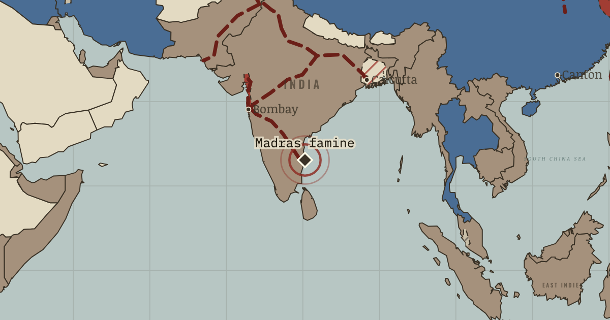 Map showing Great Famine in South India (1876–78), site of memory in The Industrial Revolution, 1750–1914
