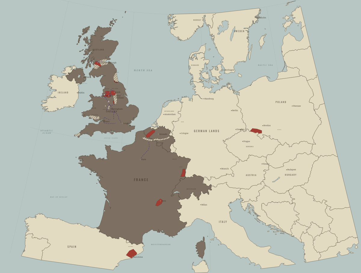 Map of the Industrial Revolution in Europe in 1830: The Liverpool & Manchester Railway. Colours show Industrialising.