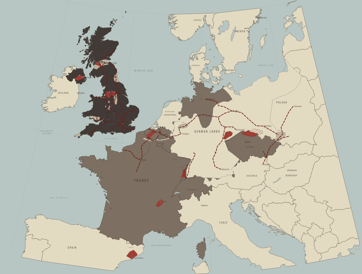 Map of the Industrial Revolution in Europe in 1850: The first industrial nation. Colours show Industrialising, Industrial economy.