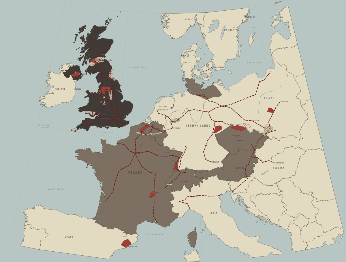 Map of the Industrial Revolution in Europe in 1860: Free trade and the continental lines. Colours show Industrialising, Industrial economy.
