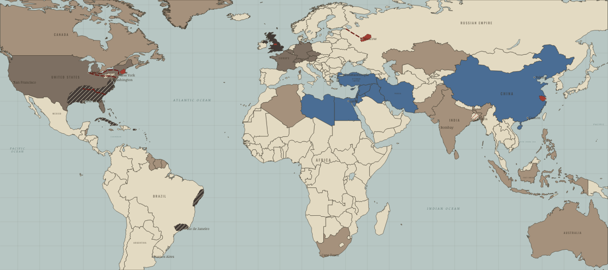 Map of the industrial world in 1861: Cotton is king — on the eve of the cotton famine. Colours show Colony or dependency, Opened by force or treaty, Industrialising.