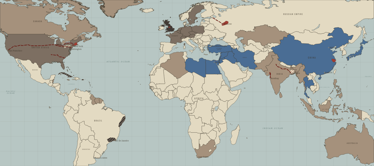 Map of the industrial world in 1869: Suez and the golden spike. Colours show Colony or dependency, Opened by force or treaty, Industrialising.