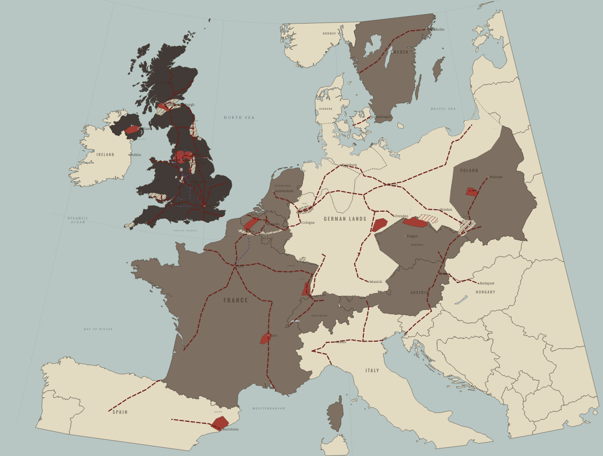 Map of the Industrial Revolution in Europe in 1870: The Continent follows. Colours show Industrialising, Industrial economy.