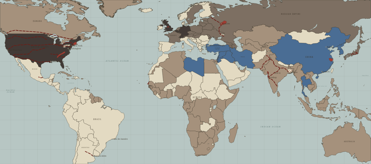 Map of the industrial world in 1890: America overtakes Britain. Colours show Colony or dependency, Industrialising, Opened by force or treaty.
