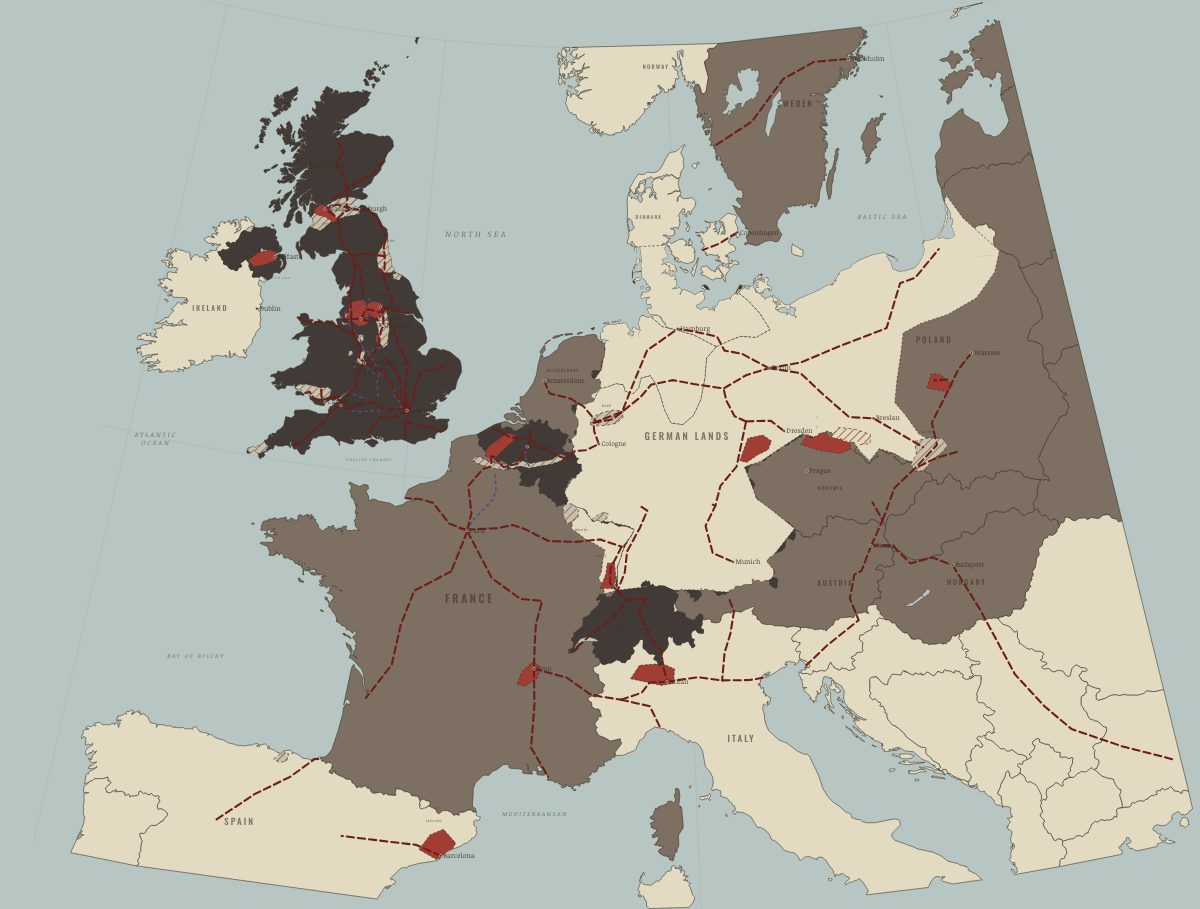 Map of the Industrial Revolution in Europe in 1890: Steel, chemicals and electricity. Colours show Industrialising, Industrial economy.