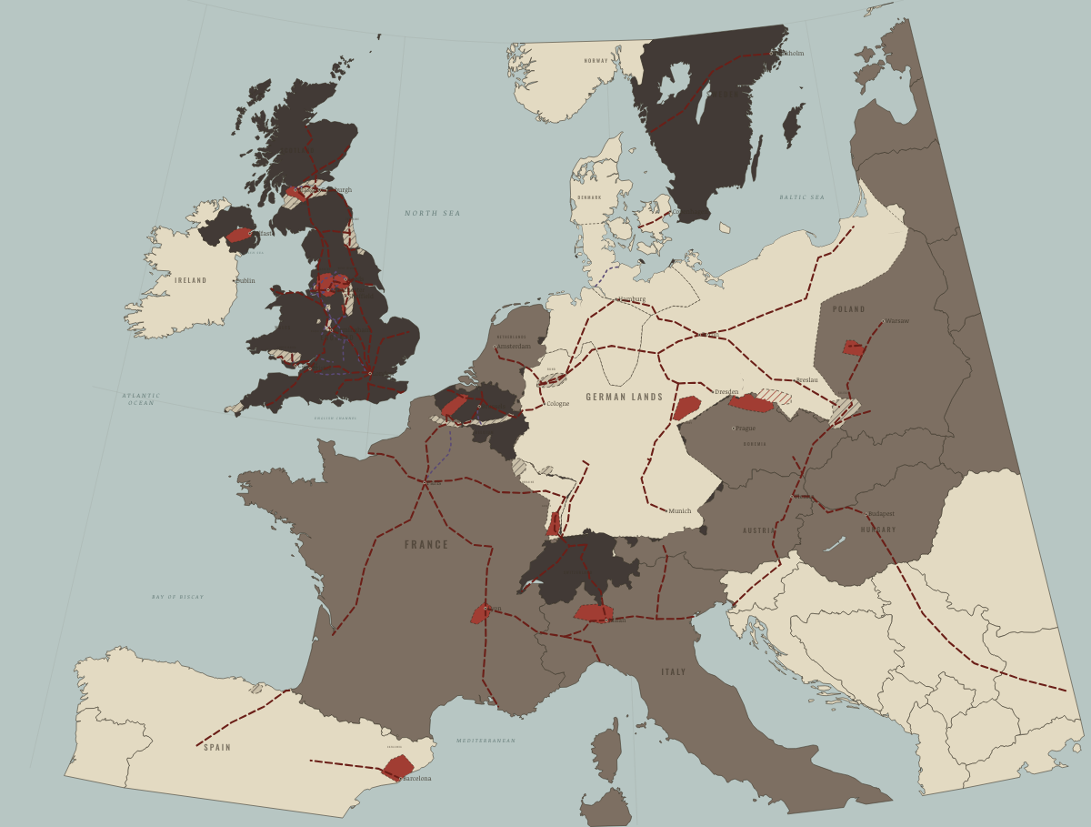 Map of the Industrial Revolution in Europe in 1900: The new industrial powers. Colours show Industrialising, Industrial economy.