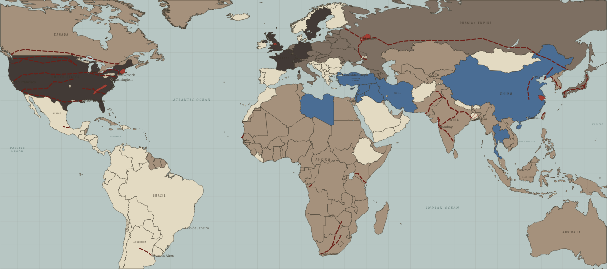 Map of the industrial world in 1910: Japan’s industrial empire. Colours show Colony or dependency, Industrialising, Opened by force or treaty.