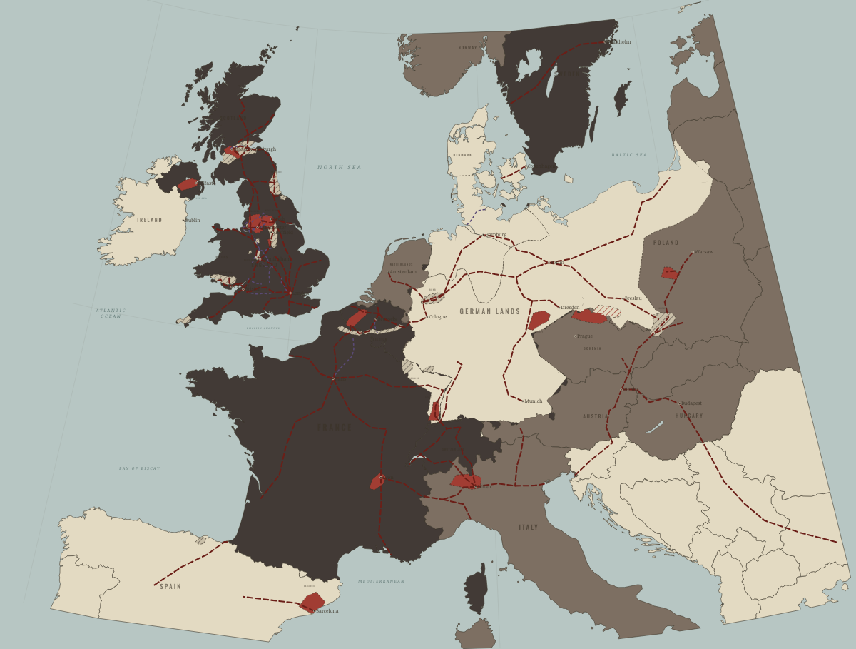Map of the Industrial Revolution in Europe in 1913: Europe on the eve of war. Colours show Industrialising, Industrial economy.