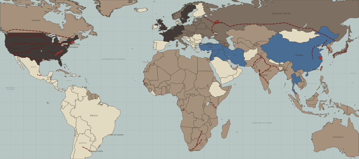 Map of the industrial world in August 1914: The industrial world goes to war. Colours show Colony or dependency, Industrialising, Opened by force or treaty.