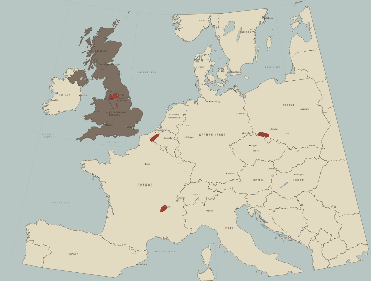 Map of the Industrial Revolution in Europe around 1785: Arkwright’s mills and the first canals. Colours show Industrialising.