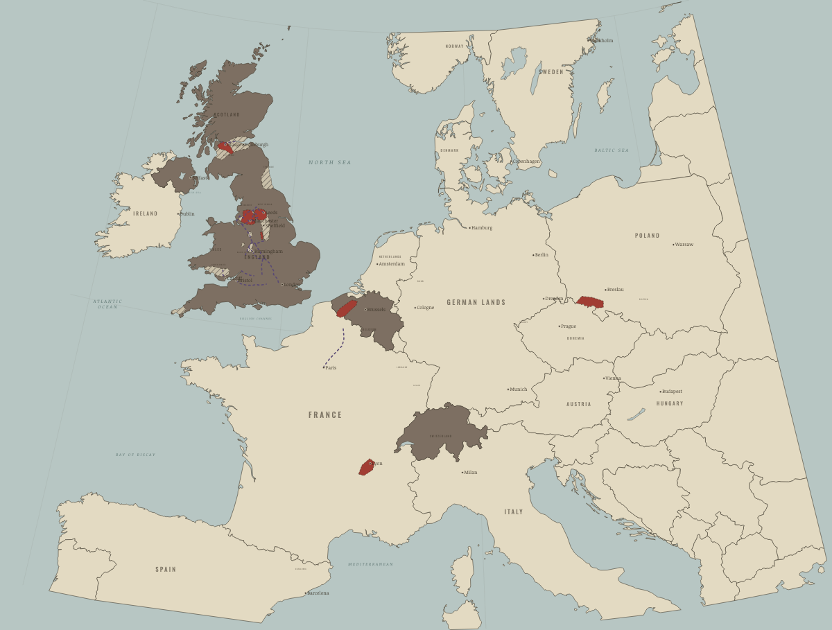 Map of the Industrial Revolution in Europe around 1820: Coal, iron and the canal network. Colours show Industrialising.