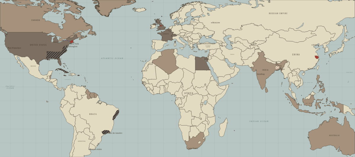 Map of the industrial world around 1830: The Cotton Kingdom and an independent Latin America. Colours show Colony or dependency, Industrialising.