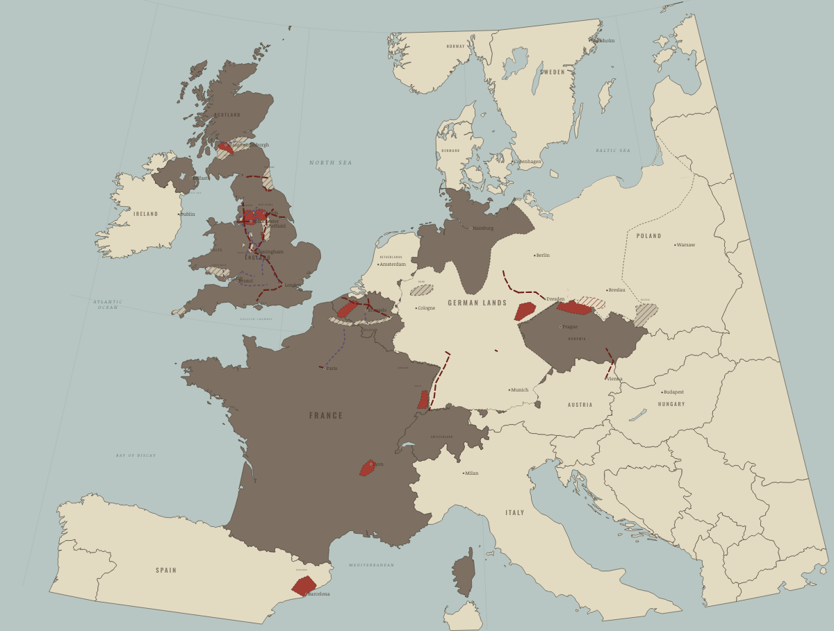 Map of the Industrial Revolution in Europe around 1840: The first trunk lines; the Zollverein. Colours show Industrialising.