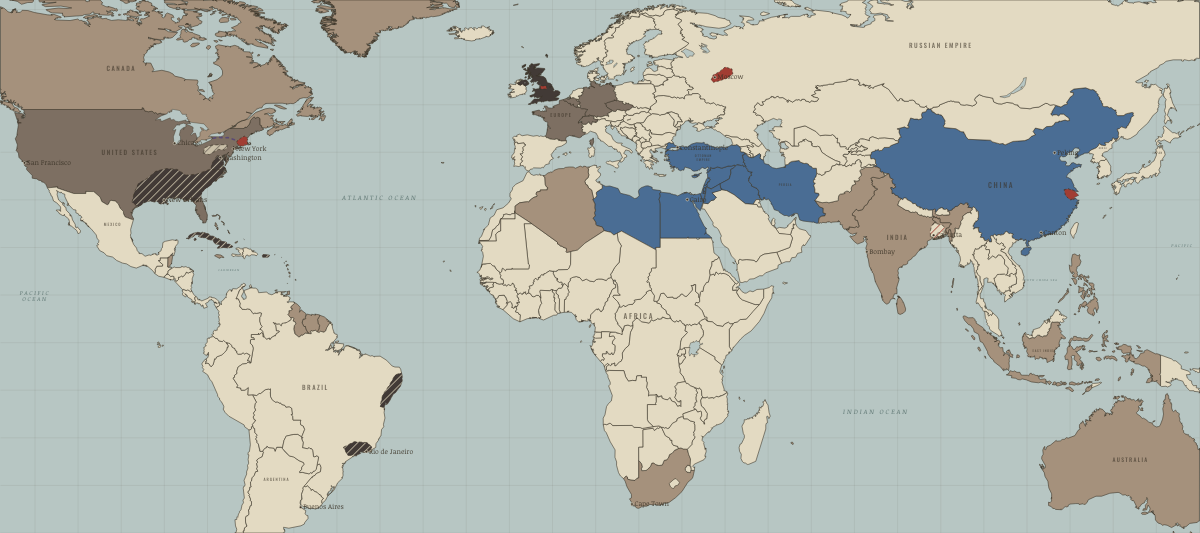 Map of the industrial world around 1850: Free trade and gunboats. Colours show Colony or dependency, Opened by force or treaty, Industrialising.