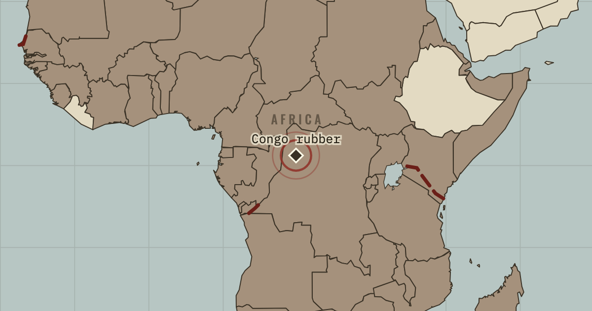 Map showing Congo Free State rubber regime (1890s–1908), site of memory in The Industrial Revolution, 1750–1914
