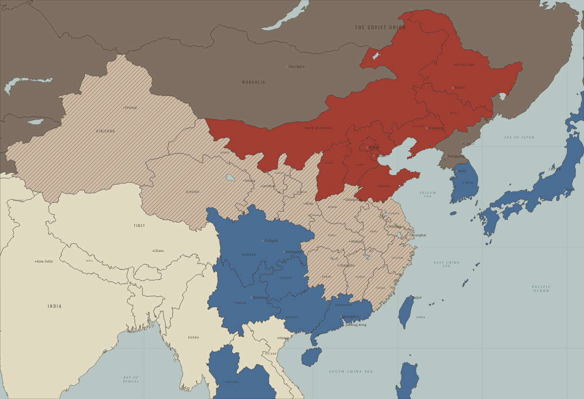 Map of China on 1 October 1949 (Mao era): The People’s Republic proclaimed. Colours show PRC province — campaign or upheaval under way, Beijing’s adversaries, PRC province — the new order in place.