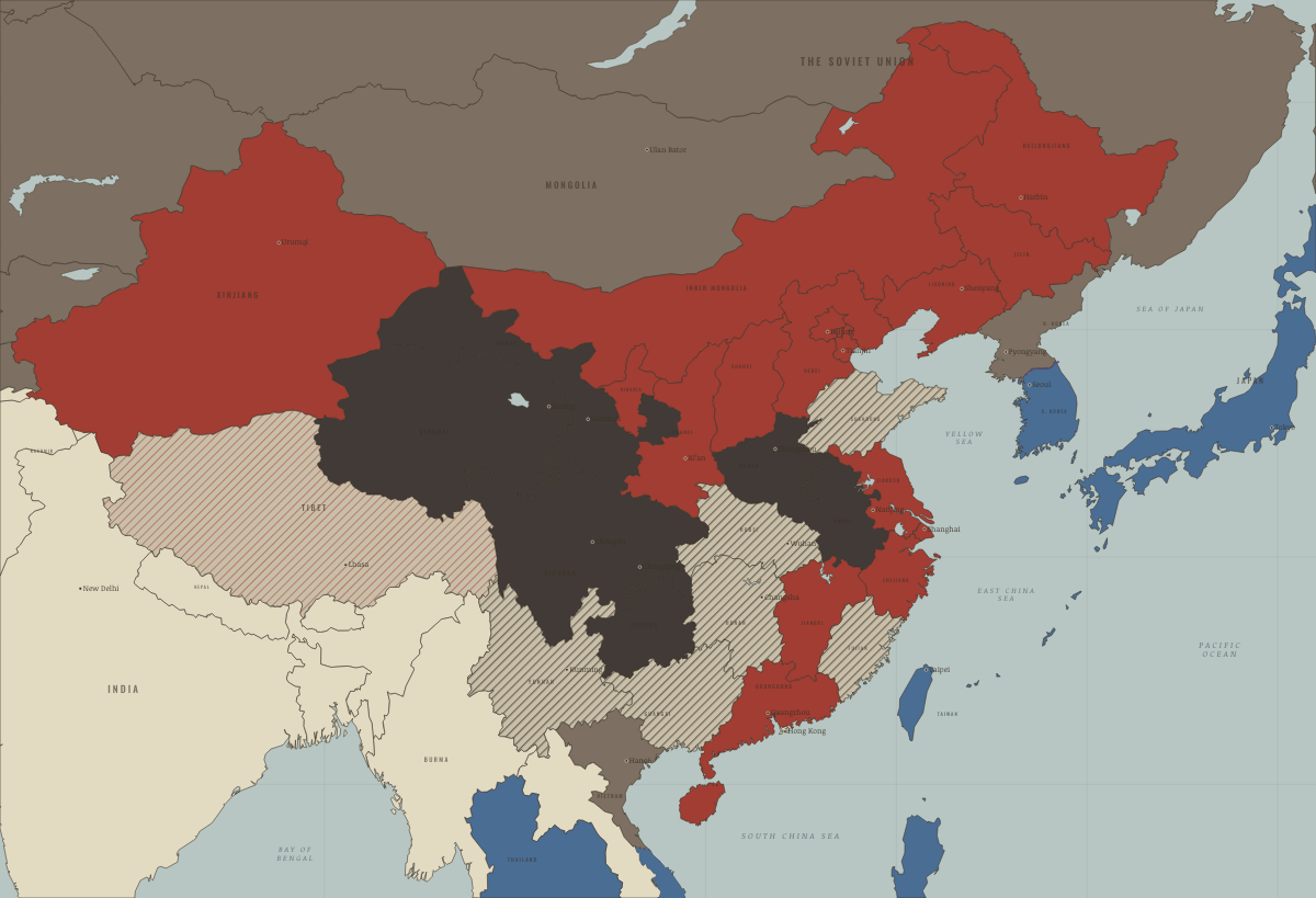 Map of China in 1960 (Mao era): The Great Famine at its worst. Colours show PRC province — the new order in place, Beijing’s allies and friends, Great Famine, 1960 — heavily hit (20–30 per 1,000).