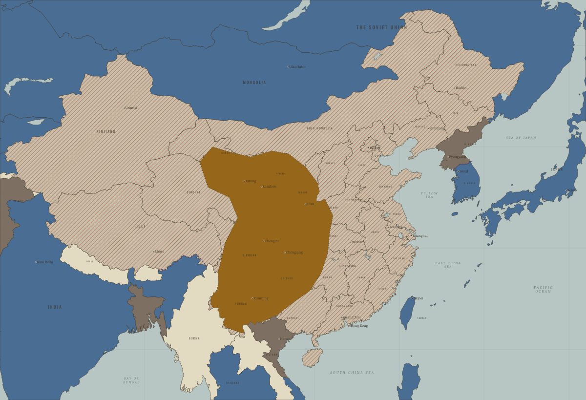 Map of China in August 1966 (Mao era): The Red Guards. Colours show PRC province — campaign or upheaval under way, Beijing’s adversaries, Beijing’s allies and friends.