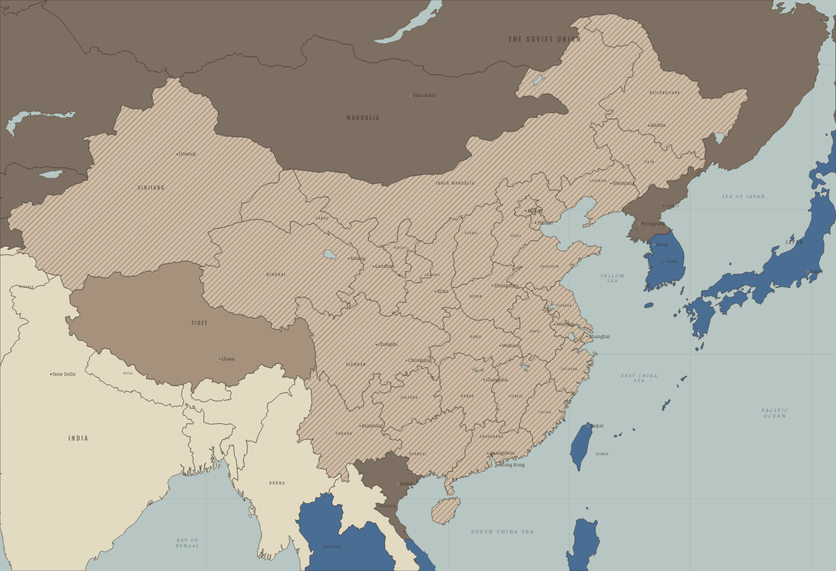 Map of China in December 1955 (Mao era): The “high tide” of collectivisation. Colours show PRC province — campaign or upheaval under way, Beijing’s allies and friends, Beijing’s adversaries.