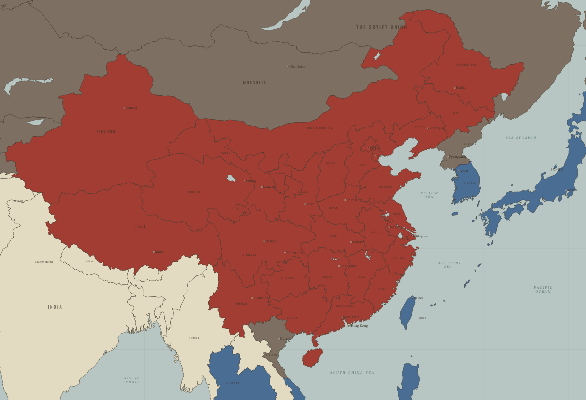 Map of China in January 1962 (Mao era): The retreat: the Leap abandoned. Colours show PRC province — the new order in place, Beijing’s allies and friends, Beijing’s adversaries.