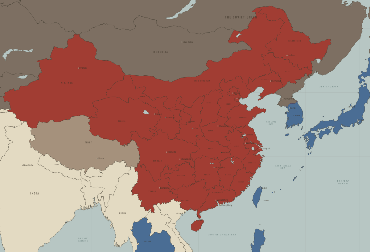 Map of China in July 1953 (Mao era): Armistice in Korea; land reform complete. Colours show PRC province — the new order in place, Beijing’s allies and friends, Beijing’s adversaries.