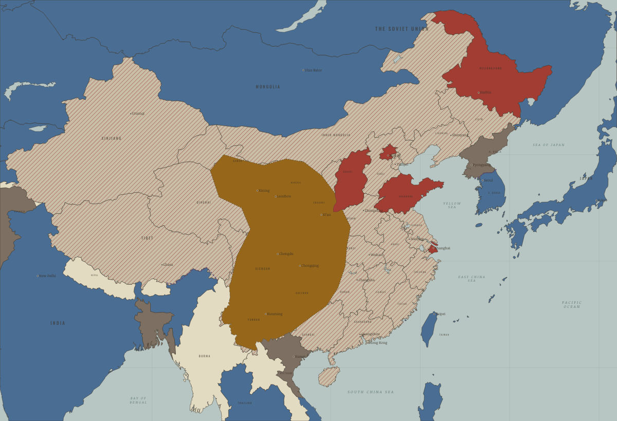 Map of China in July 1967 (Mao era): Power seized: the first revolutionary committees. Colours show PRC province — campaign or upheaval under way, Beijing’s adversaries, PRC province — the new order in place.