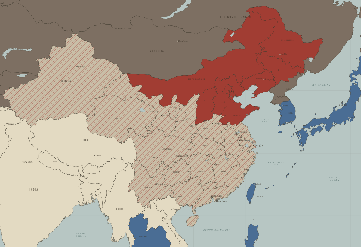 Map of China in June 1950 (Mao era): The south-west taken; the Agrarian Reform Law. Colours show PRC province — campaign or upheaval under way, PRC province — the new order in place, Beijing’s allies and friends.