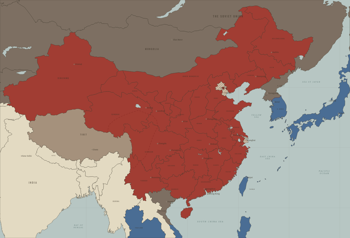 Map of China in June 1957 (Mao era): From a Hundred Flowers to the Anti-Rightist Campaign. Colours show PRC province — the new order in place, Beijing’s allies and friends, Beijing’s adversaries.