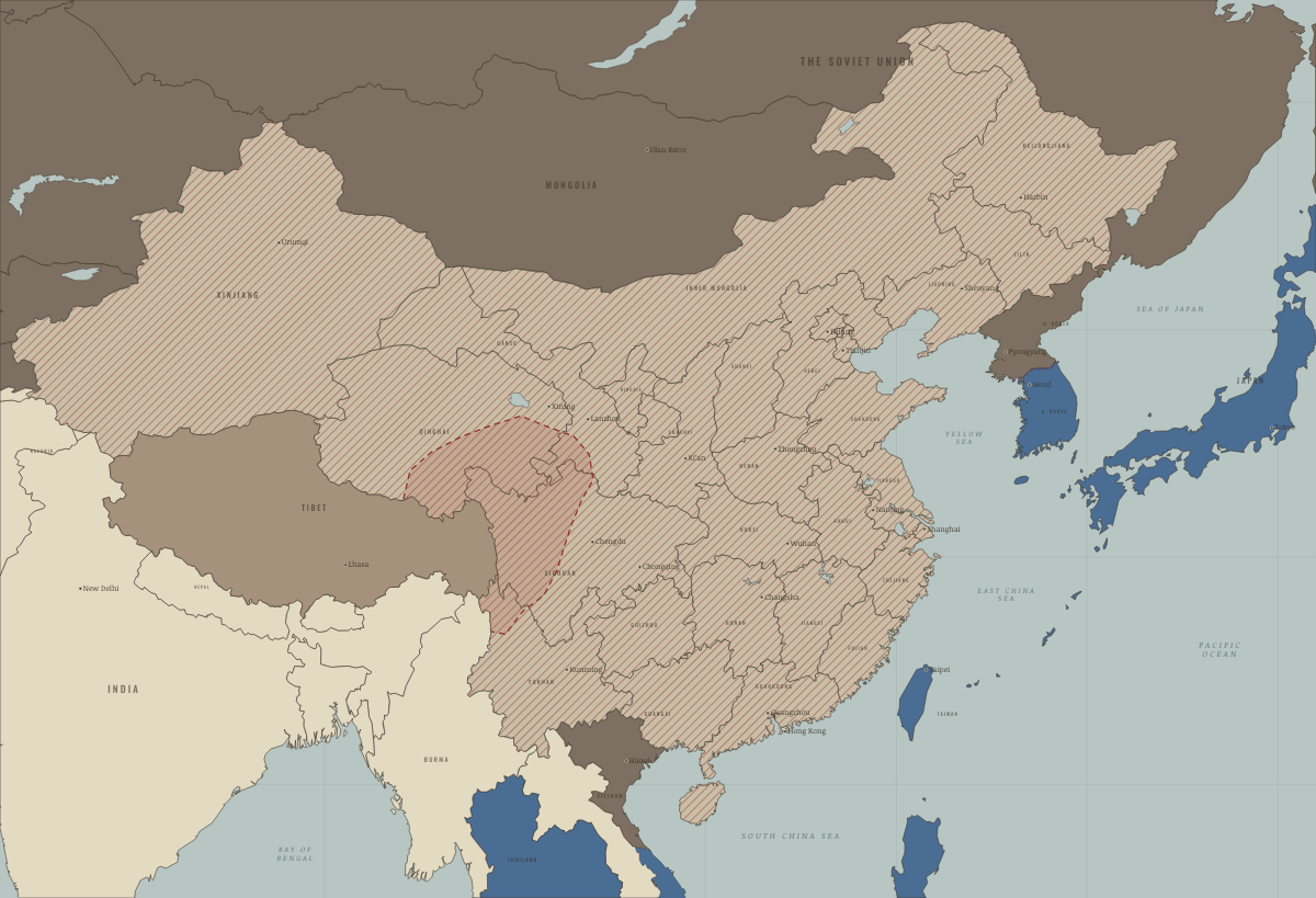 Map of China in March 1956 (Mao era): Kham and Amdo in revolt. Colours show PRC province — campaign or upheaval under way, Beijing’s allies and friends, Beijing’s adversaries.