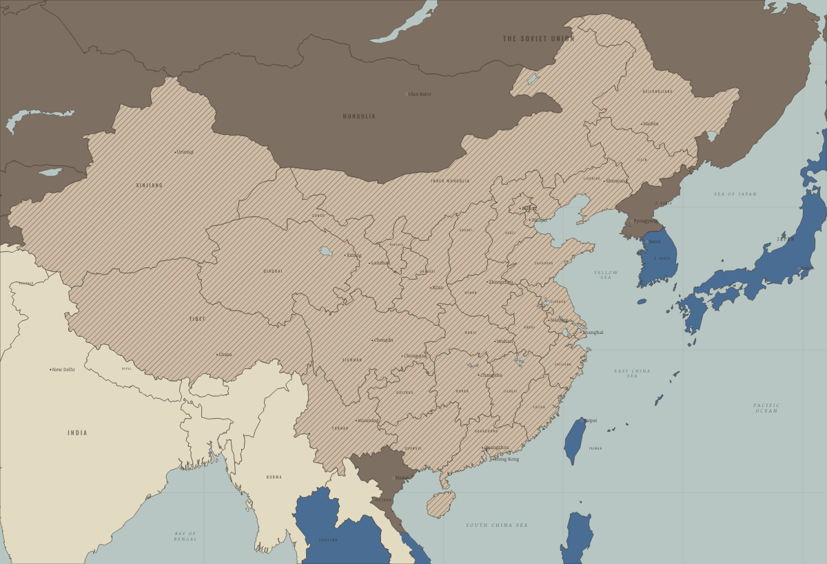 Map of China in March 1959 (Mao era): Lhasa rises; the Dalai Lama flees. Colours show PRC province — campaign or upheaval under way, Beijing’s allies and friends, Beijing’s adversaries.
