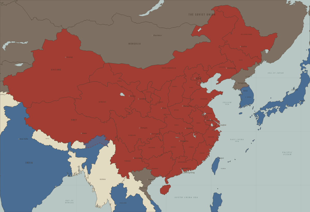 Map of China in November 1962 (Mao era): War with India. Colours show PRC province — the new order in place, Beijing’s allies and friends, Beijing’s adversaries.
