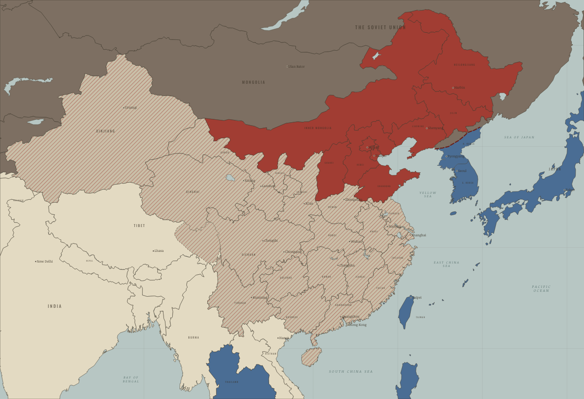 Map of China in October 1950 (Mao era): Into Korea and into Tibet. Colours show PRC province — campaign or upheaval under way, PRC province — the new order in place, Beijing’s allies and friends.
