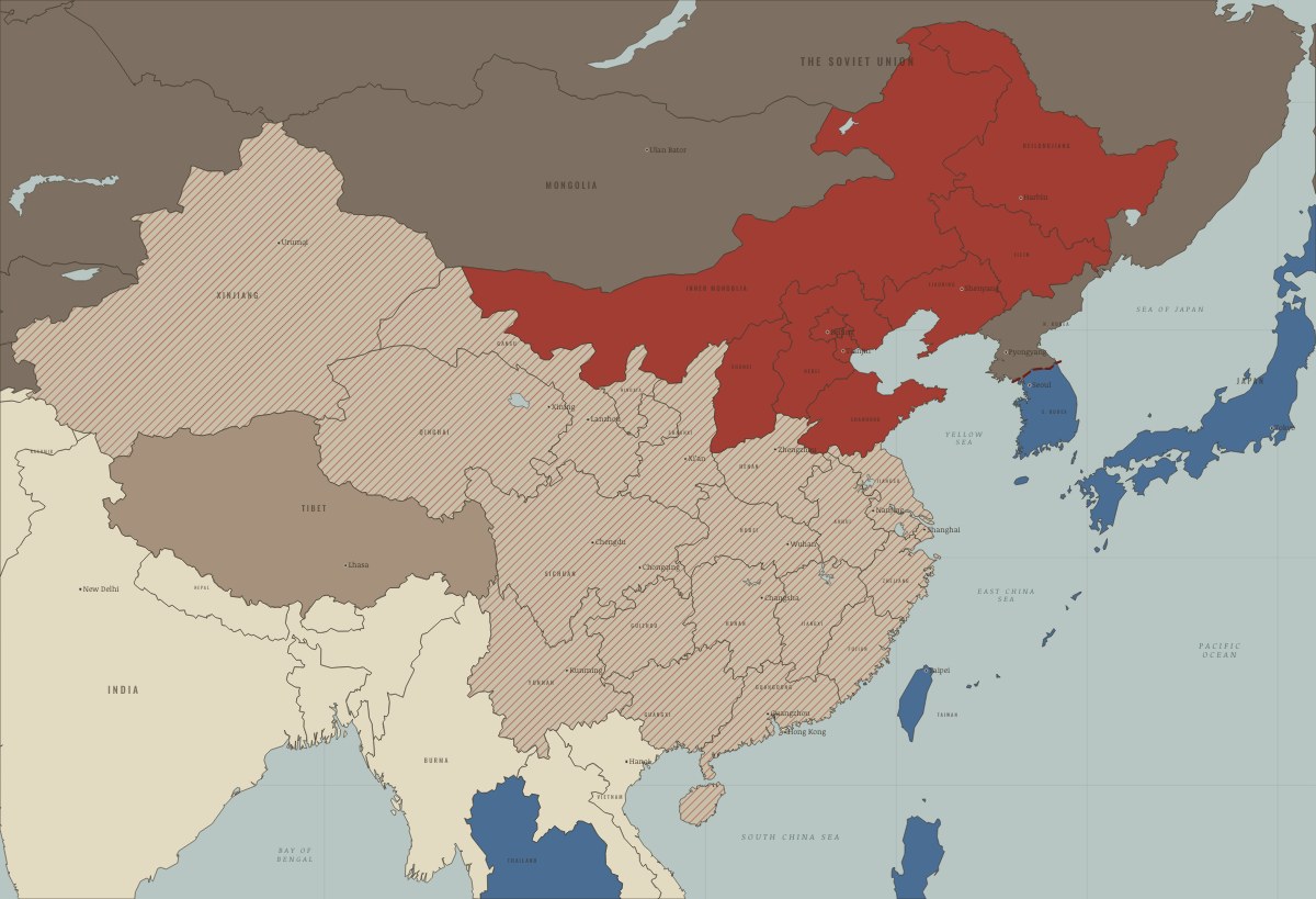 Map of China in October 1951 (Mao era): The PLA in Lhasa; the campaigns at their height. Colours show PRC province — campaign or upheaval under way, PRC province — the new order in place, Beijing’s allies and friends.