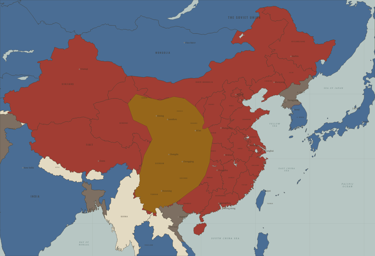 Map of China in October 1964 (Mao era): The bomb, the Third Front and the Soviet rift. Colours show PRC province — the new order in place, Beijing’s adversaries, Beijing’s allies and friends.