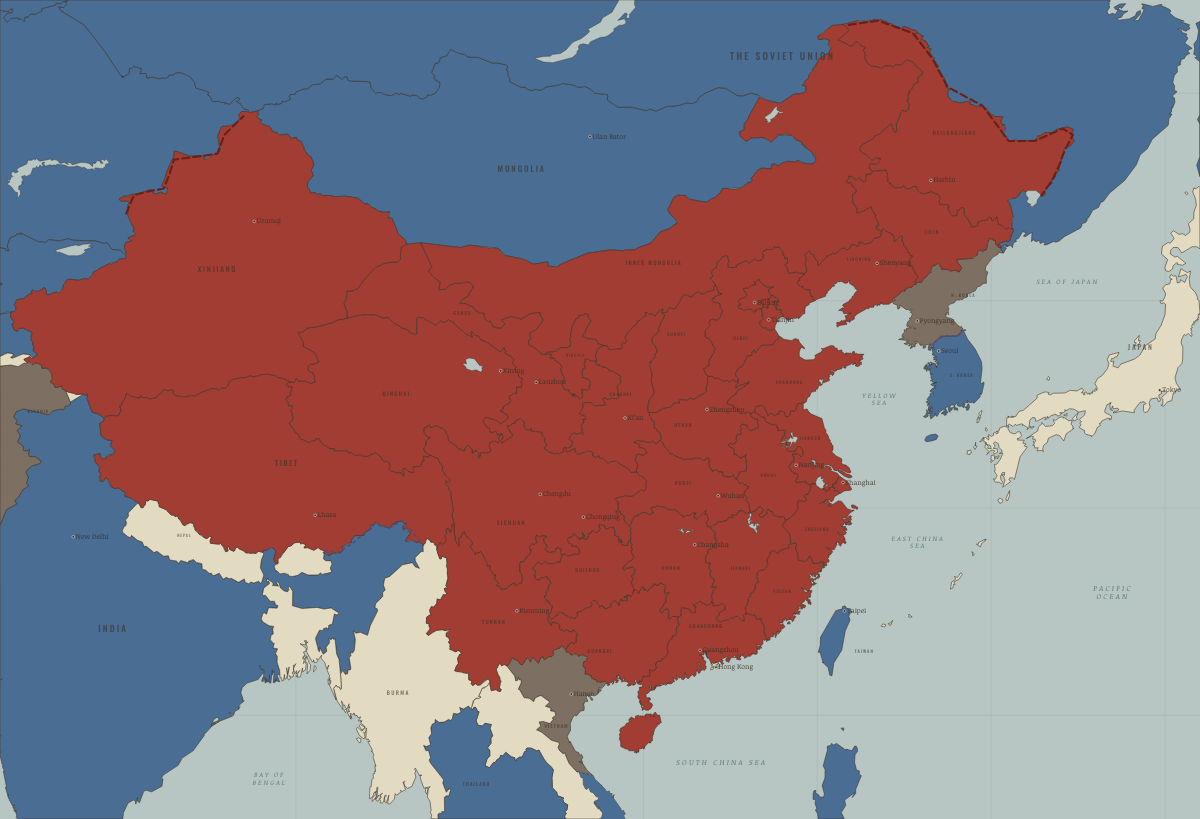 Map of China in September 1972 (Mao era): Nixon, then Tanaka: the ring broken. Colours show PRC province — the new order in place, Beijing’s adversaries, Beijing’s allies and friends.