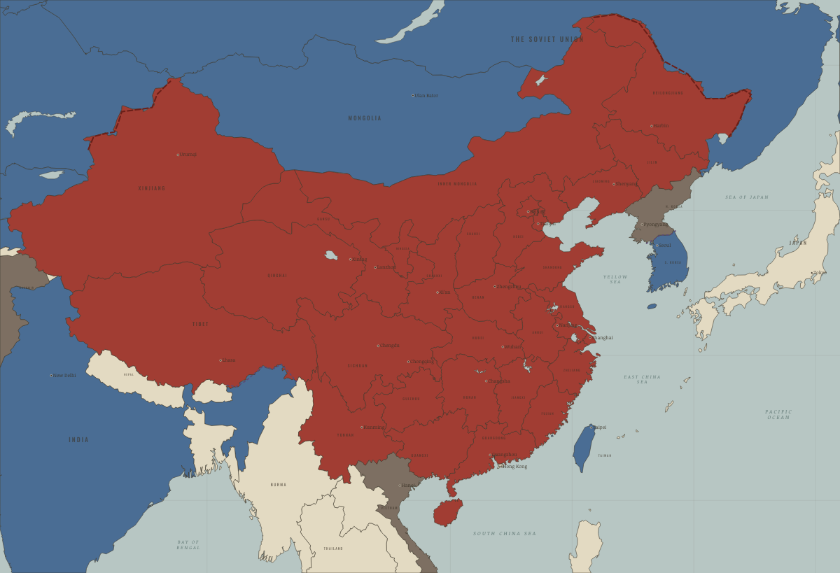 Map of China in September 1976 (Mao era): Mao dies. Colours show PRC province — the new order in place, Beijing’s adversaries, Beijing’s allies and friends.