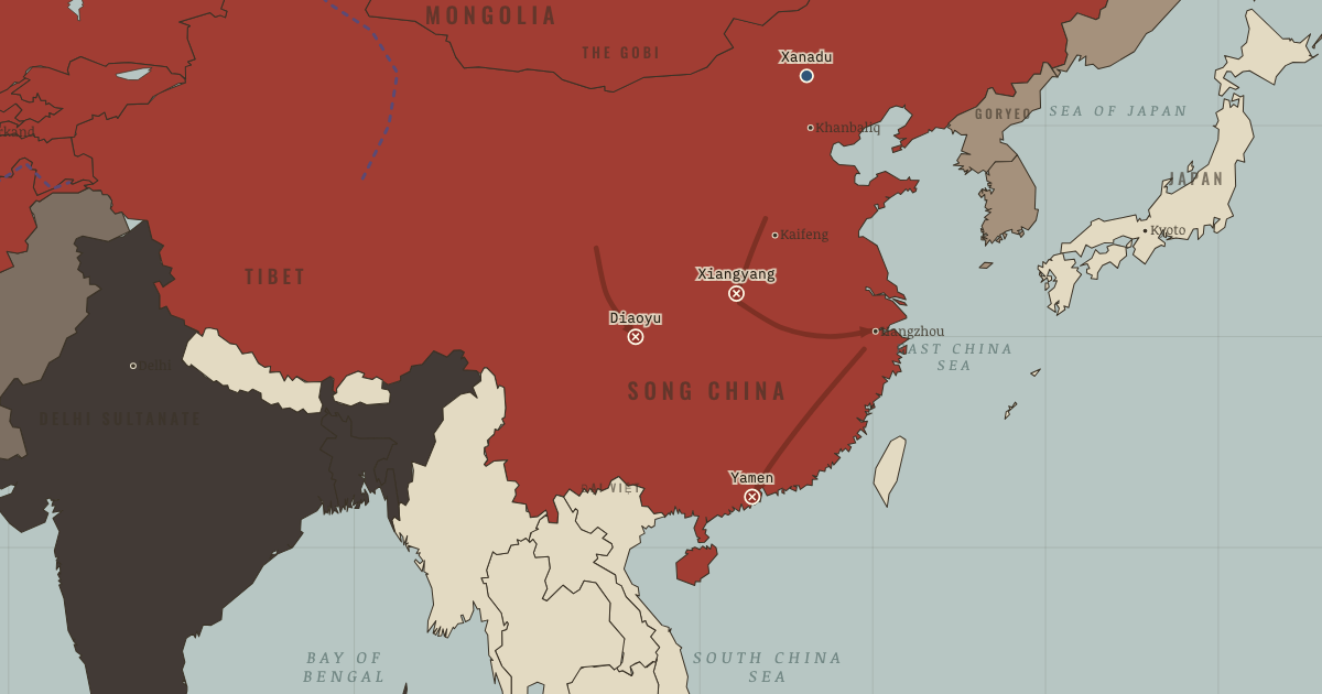 Map of Mongol conquest of the Song dynasty (1279): Diaoyu fortress, Shangdu (Xanadu), Xiangyang, Yamen